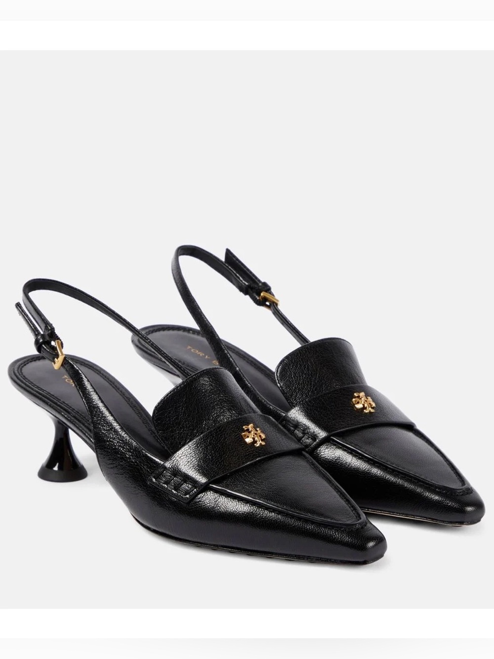 Tory Burch Black Leather Pointed Slingback Heels with Gold Logo size 8